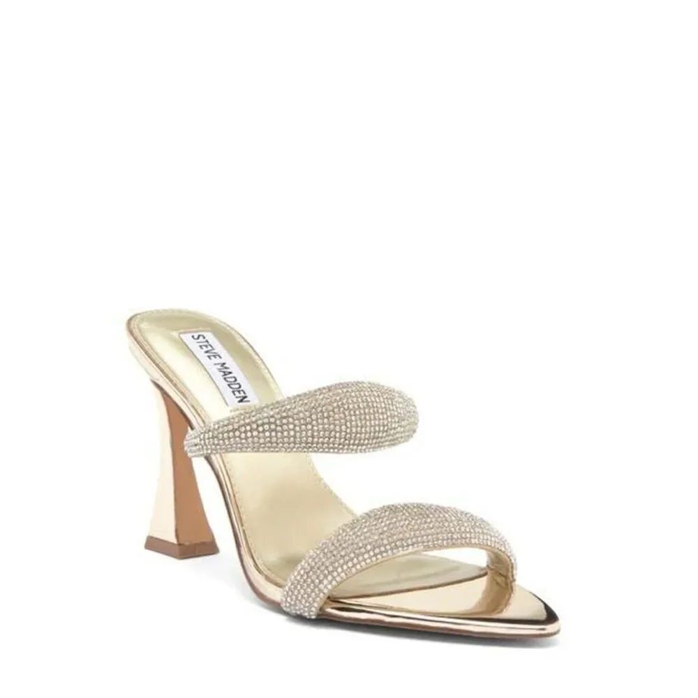 Steve Madden Harperr Gold Crystal Strap Mid-Heel Sandals 9.5